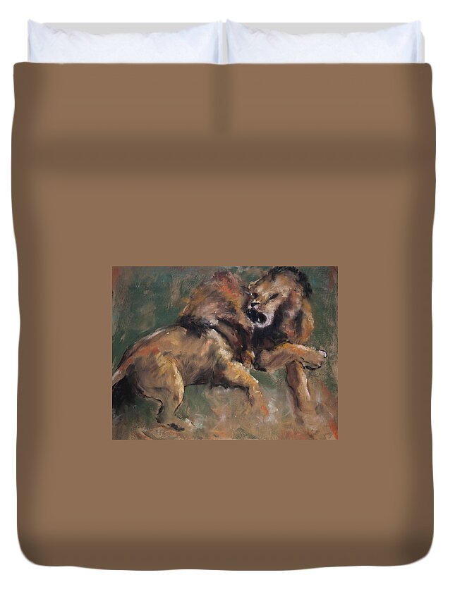 Lions Duvet Cover featuring the pastel 'Establishing Position' by Jim Fronapfel