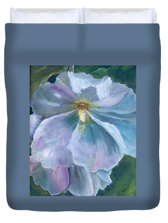 Flower Duvet Cover featuring the painting Ethereal White Hollyhock by Nila Jane Autry
