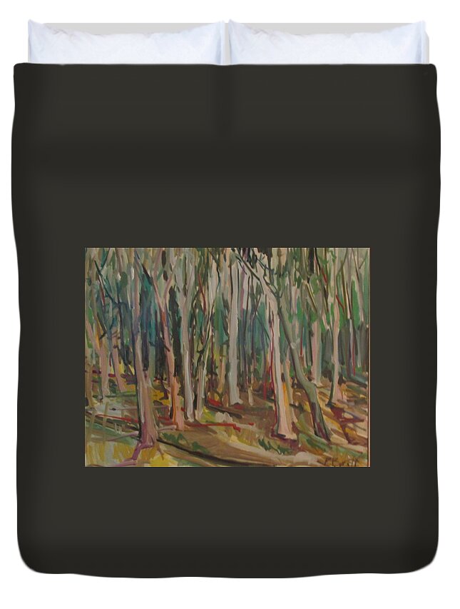 Landscape Of Eucalyptus Trees In A San Francisco Public Park.  Duvet Cover featuring the painting Eucalyptus in Stern Grove by Pat Gray