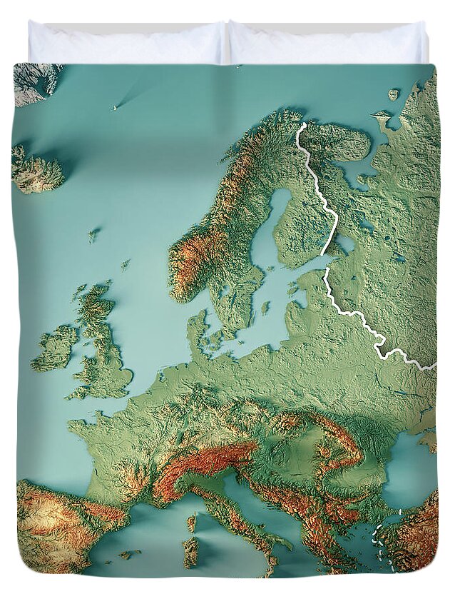 Europe Duvet Cover featuring the digital art Europe 3D Render Topographic Map Color Border by Frank Ramspott