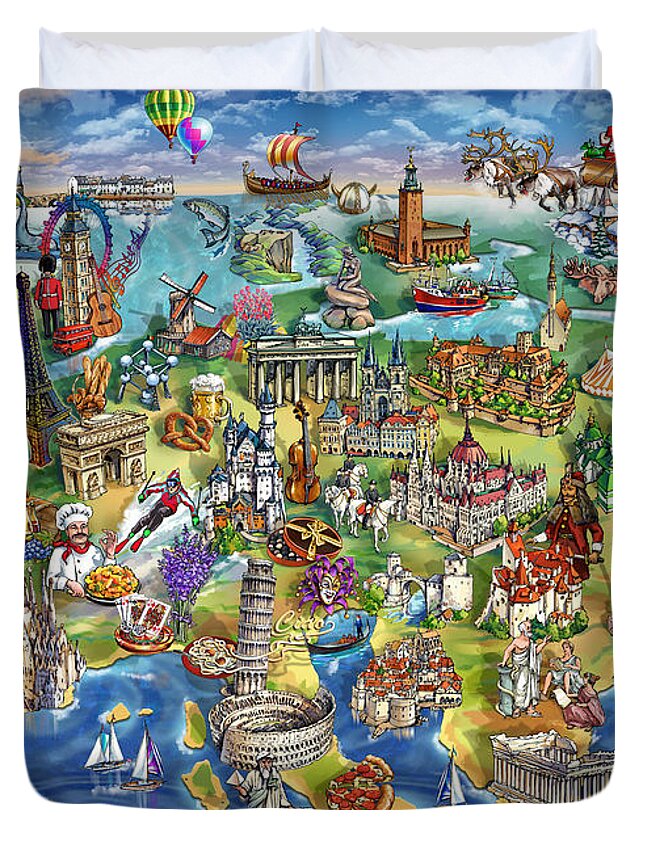 Europe Duvet Cover featuring the painting European World Wonders Illustrated Map by Maria Rabinky