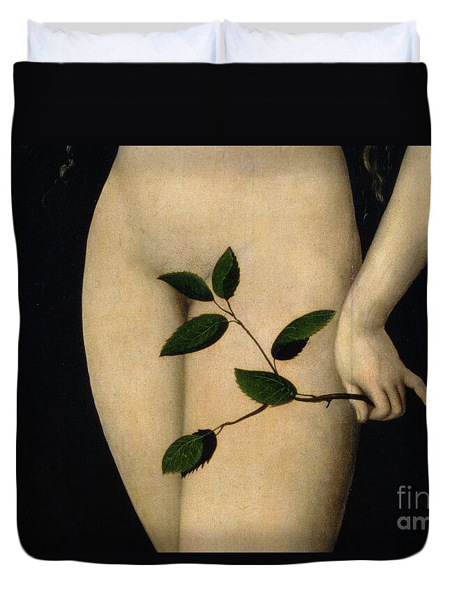 Nude; Garden Of Eden; Old Testament; Apple; Serpent; Fig Leaf; Close-up Duvet Cover featuring the painting Eve by The Elder Lucas Cranach