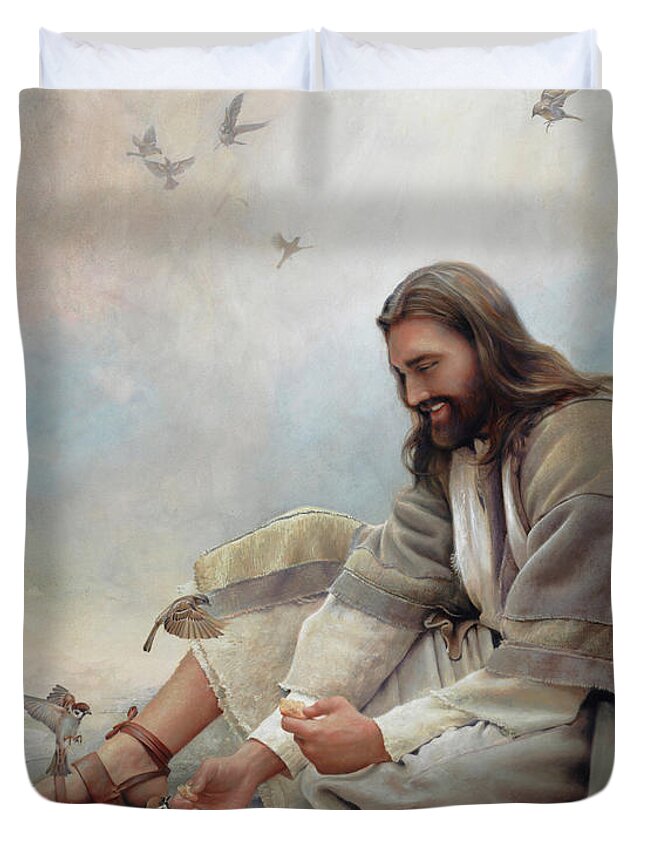 Jesus Duvet Cover featuring the painting Even A Sparrow by Greg Olsen
