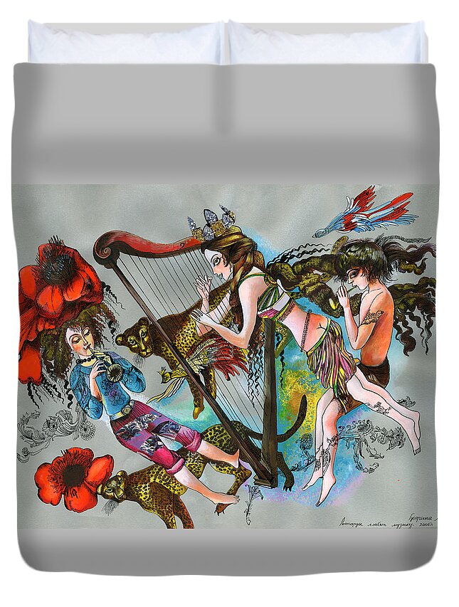 Russian Artists New Wave Duvet Cover featuring the painting Even Leopards Love the Music by Maya Gusarina