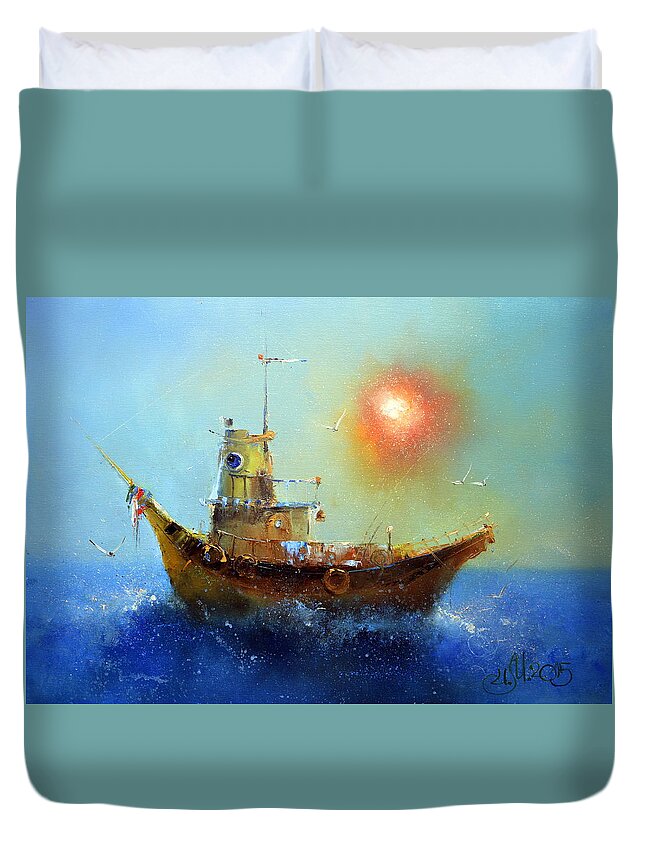 Russian Artists New Wave Duvet Cover featuring the painting Evening Boat by Igor Medvedev