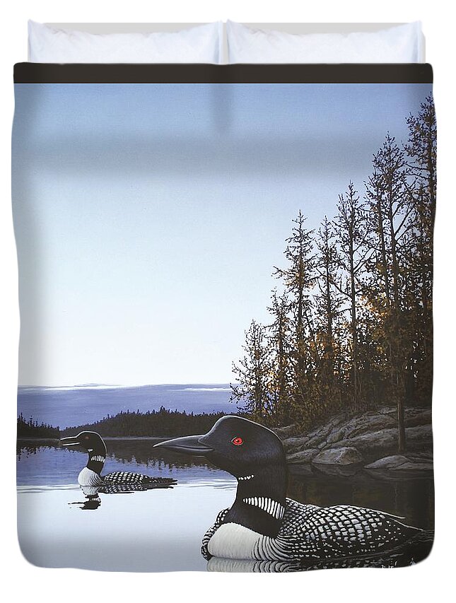 Loon Duvet Cover featuring the painting Evening Call by Anthony J Padgett