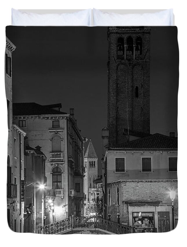 B&w Duvet Cover featuring the photograph Evening Canal in Venice to the tower by John McGraw