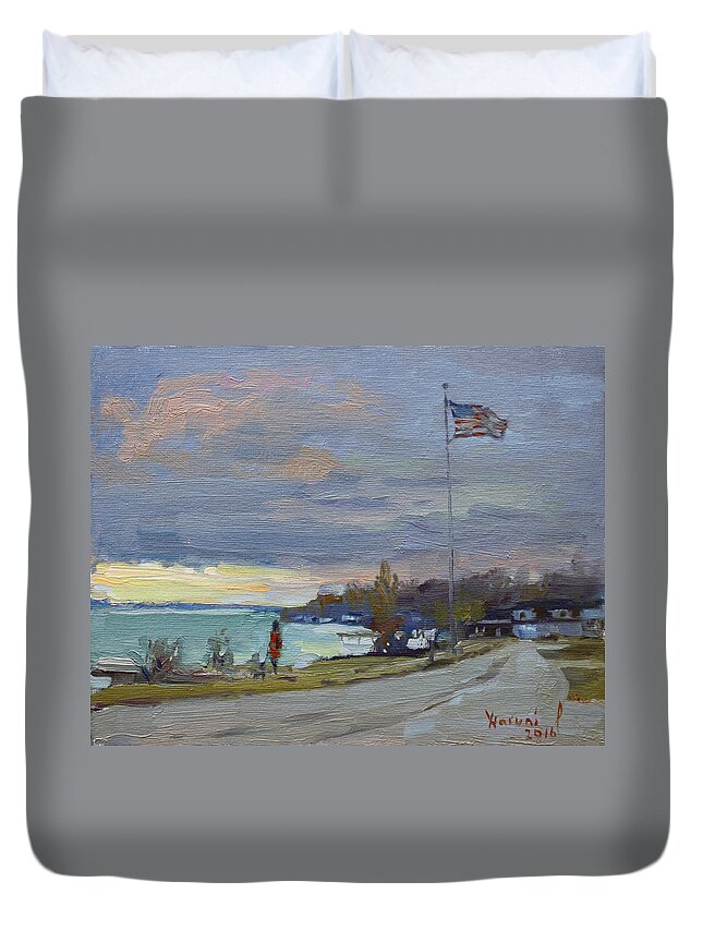 Evening Duvet Cover featuring the painting Evening in Gratwick Waterfront Park by Ylli Haruni