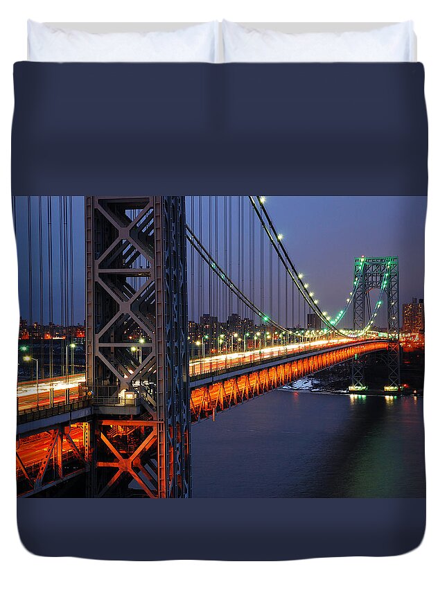 George Duvet Cover featuring the photograph Evening on the George Washington Bridge by James Kirkikis