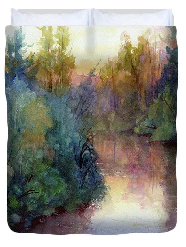 Water Duvet Cover featuring the painting Evening on the Willamette by Steve Henderson