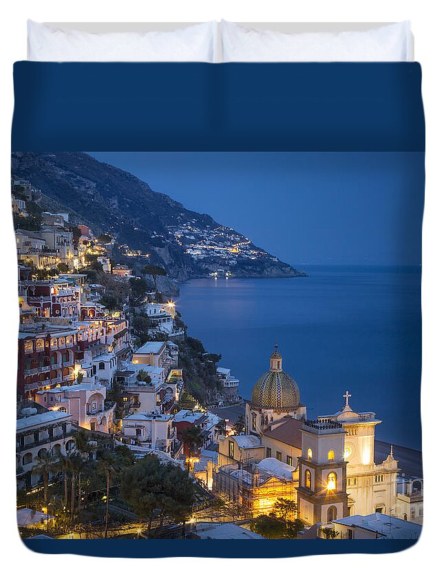 Positano Duvet Cover featuring the photograph Evening over Positano by Brian Jannsen