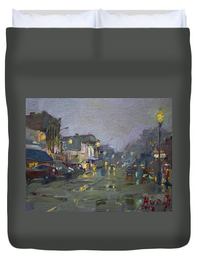 Evening Duvet Cover featuring the painting Evening Rain at Webster St by Ylli Haruni