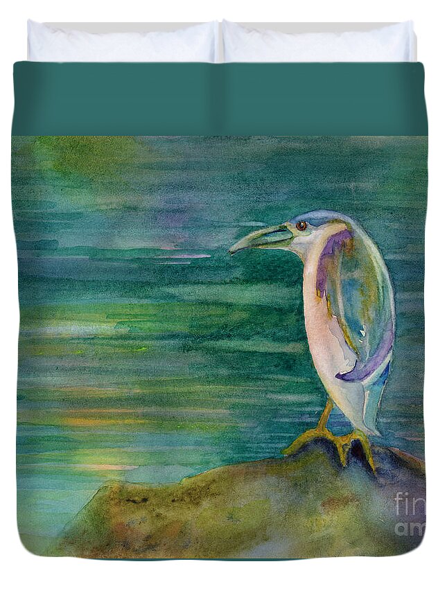 Black Headed Night Heron Duvet Cover featuring the painting Evening Watch by Amy Kirkpatrick