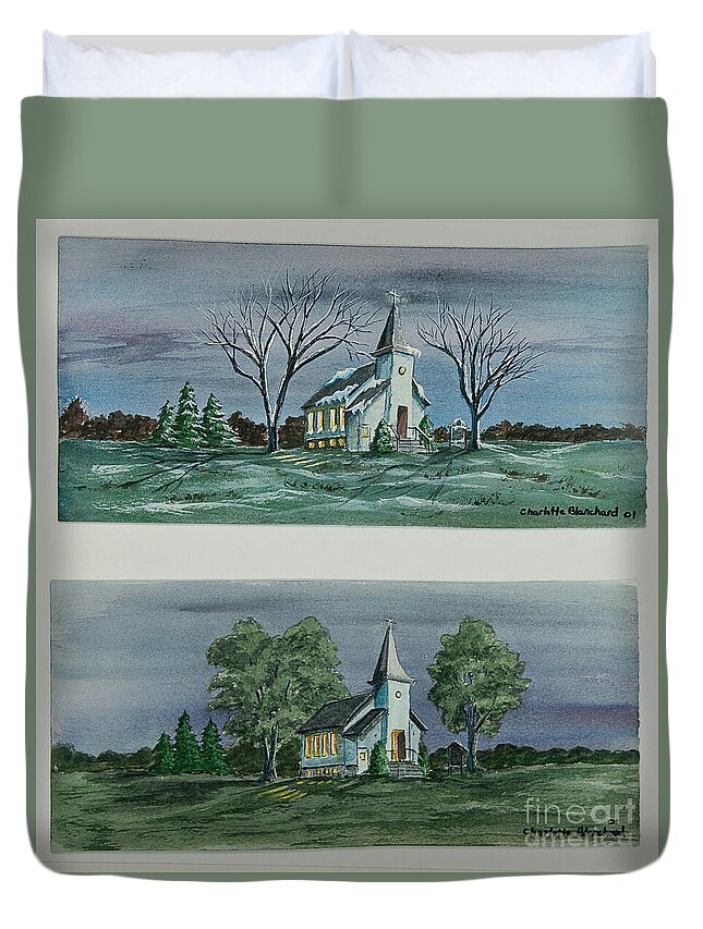 Country Church Duvet Cover featuring the painting Evening Worship In Winter and Summer by Charlotte Blanchard