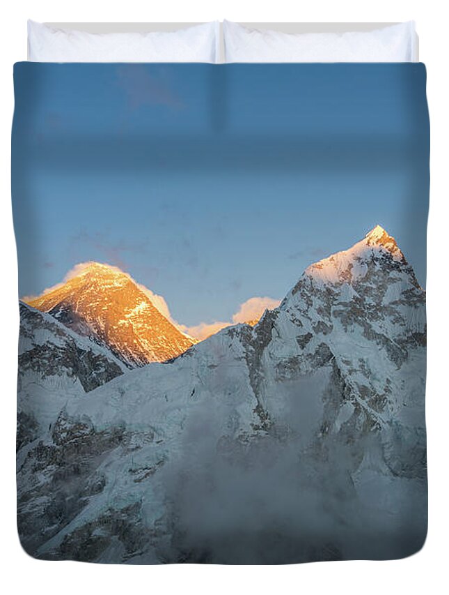Everest Duvet Cover featuring the photograph Everest and Lhotse Peaks Alpenglow by Mike Reid