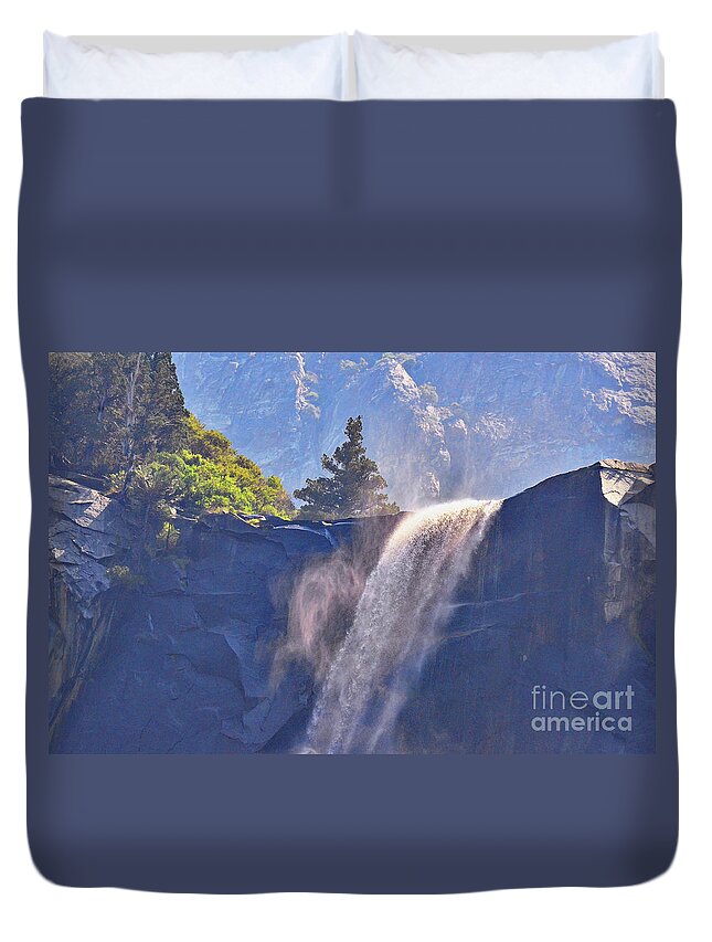 Yosemite Duvet Cover featuring the photograph Evergreen Pines and Bridalveil Falls by Debby Pueschel