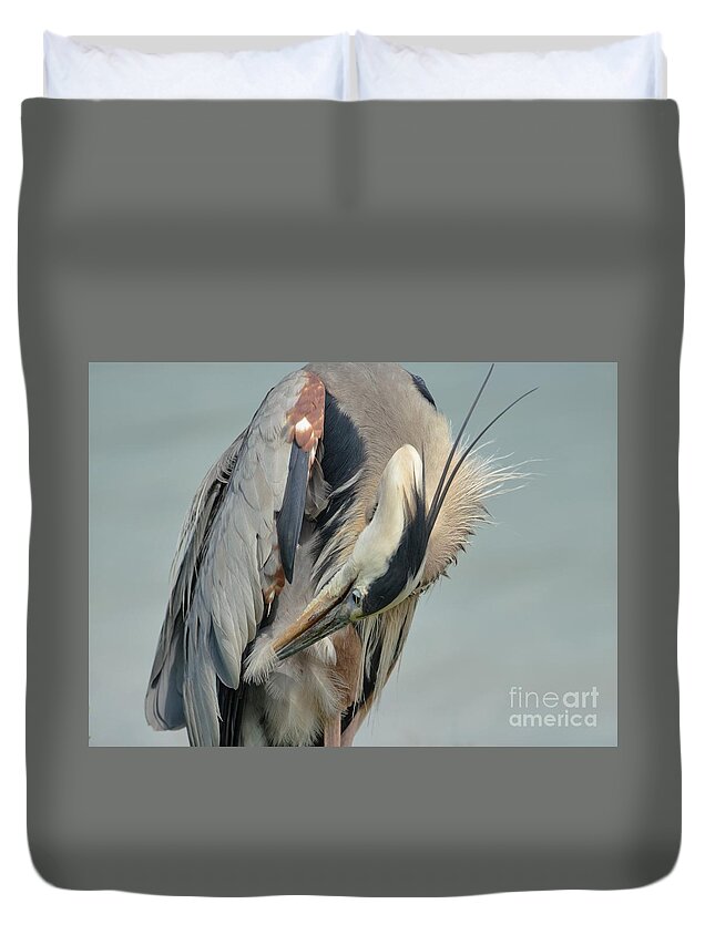Heron Duvet Cover featuring the photograph Every Feather in Place by Pamela Blizzard
