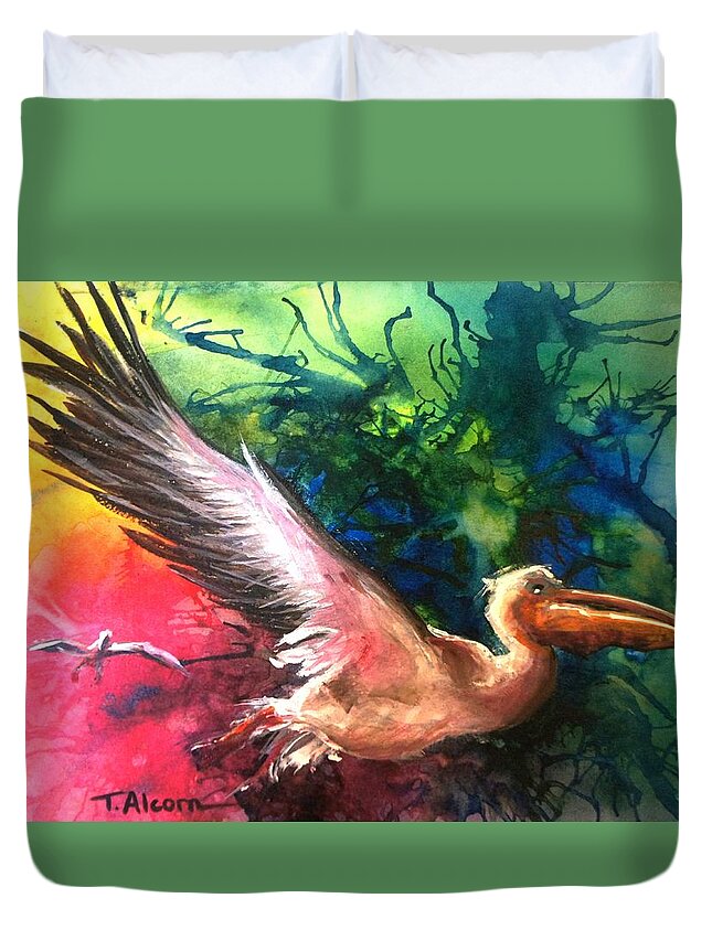 Pelican Duvet Cover featuring the painting Exhilarated - original sold by Therese Alcorn