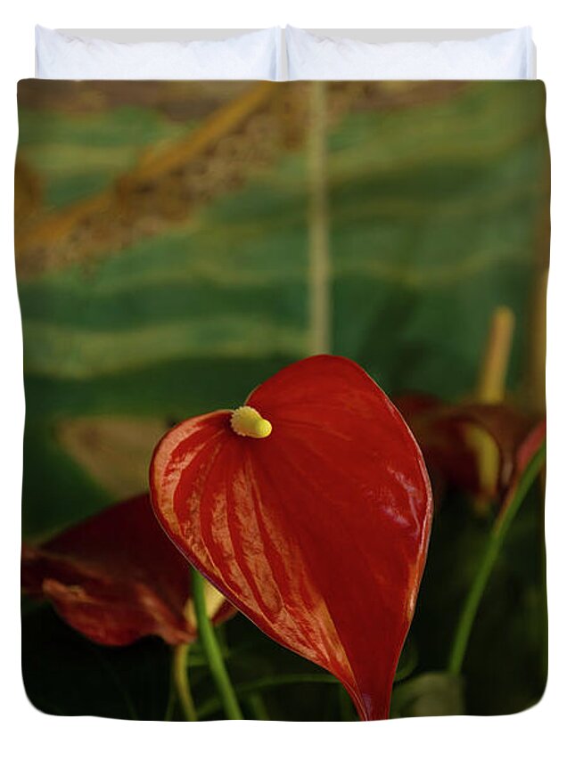 Exotic Anthurium Duvet Cover featuring the photograph Exotic Tropical Dream Garden - Hot Red Hearts and Sea Creatures by Georgia Mizuleva