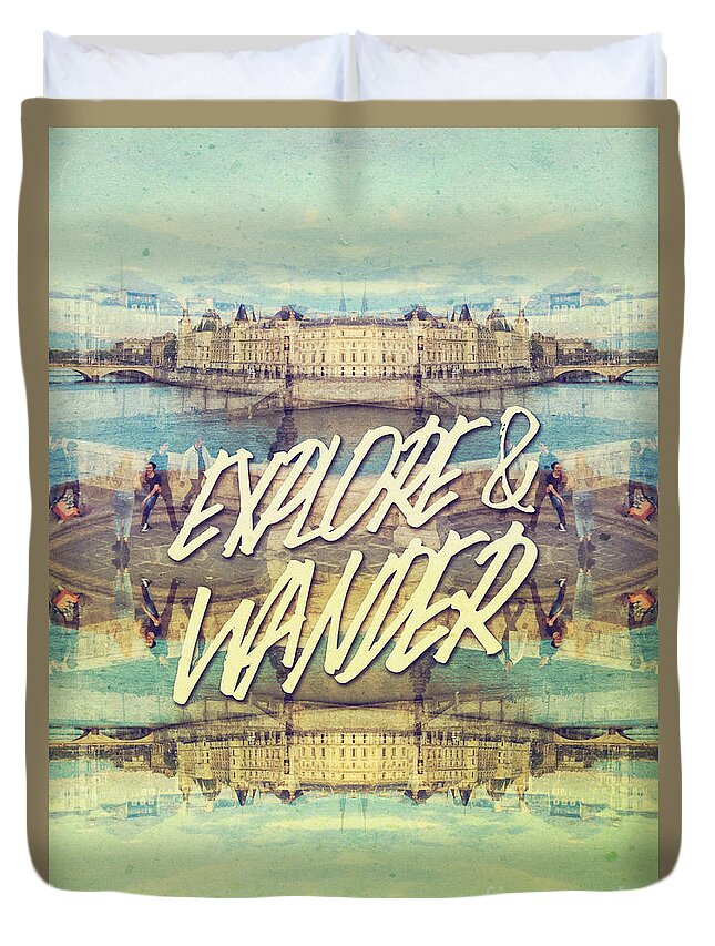Explore And Wander Duvet Cover featuring the photograph Explore and Wander Seine River Louvre Paris France by Beverly Claire Kaiya