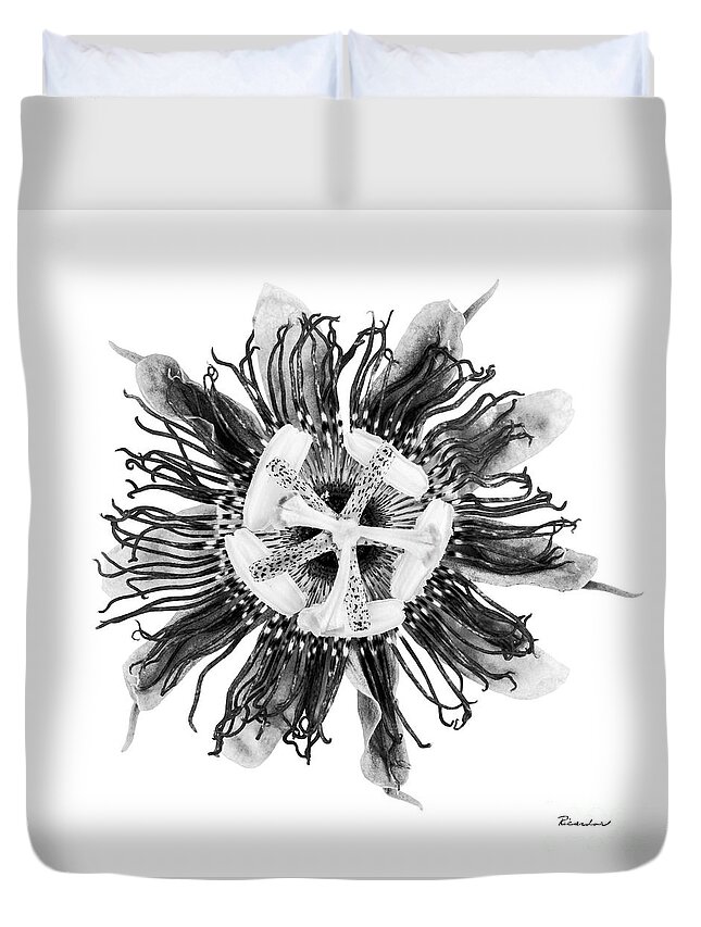 Expressive Duvet Cover featuring the photograph Expressive Passion Flower in Grayscale 50674G by Ricardos Creations