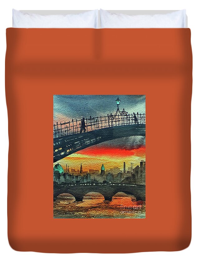 Ireland Duvet Cover featuring the painting F 711 Dublins Ha,penny Bridge. by Val Byrne