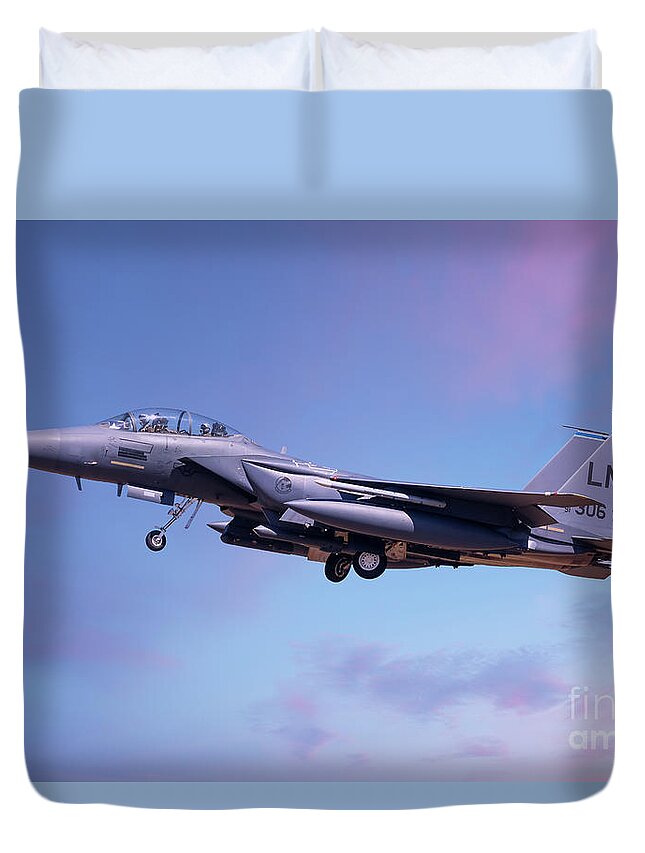 Usaf Duvet Cover featuring the photograph F15 coming into land lowering landing gear by Simon Bratt