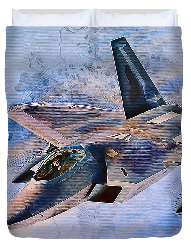 Fighter Duvet Cover featuring the mixed media F22 Raptor by Ian Mitchell