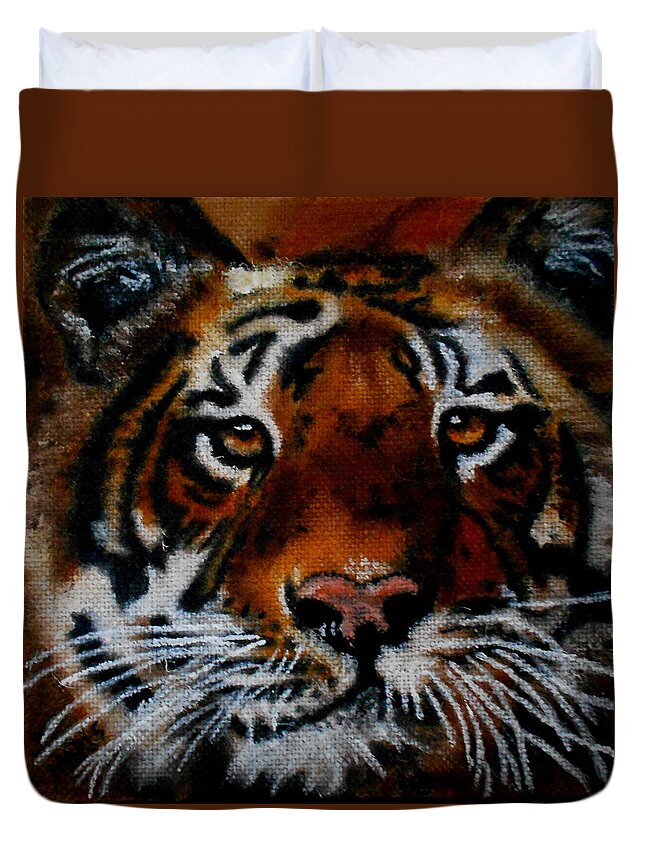 Tiger Duvet Cover featuring the painting Face of a Tiger by Maris Sherwood