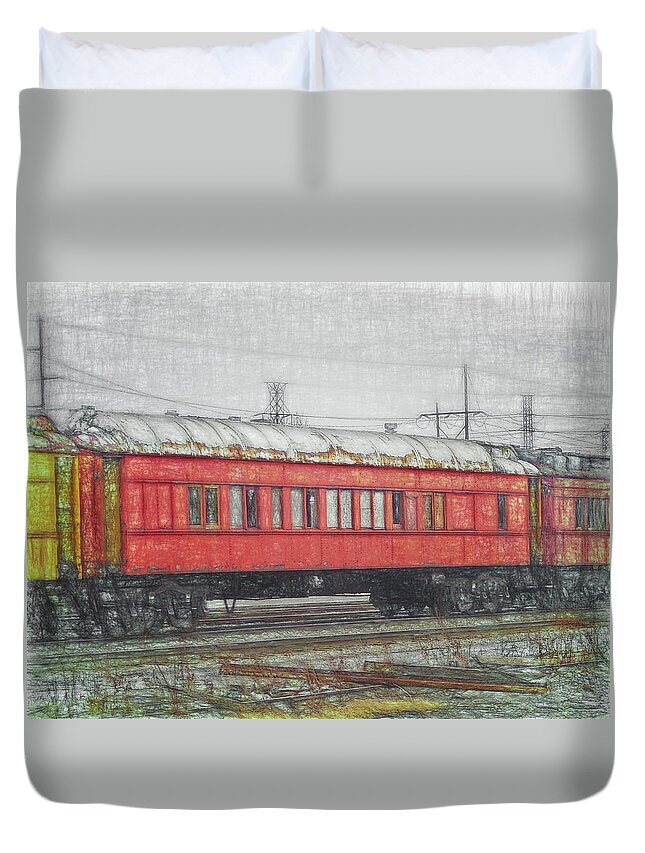 Red Duvet Cover featuring the digital art Faded Glory - Middle Of The Line by Leslie Montgomery