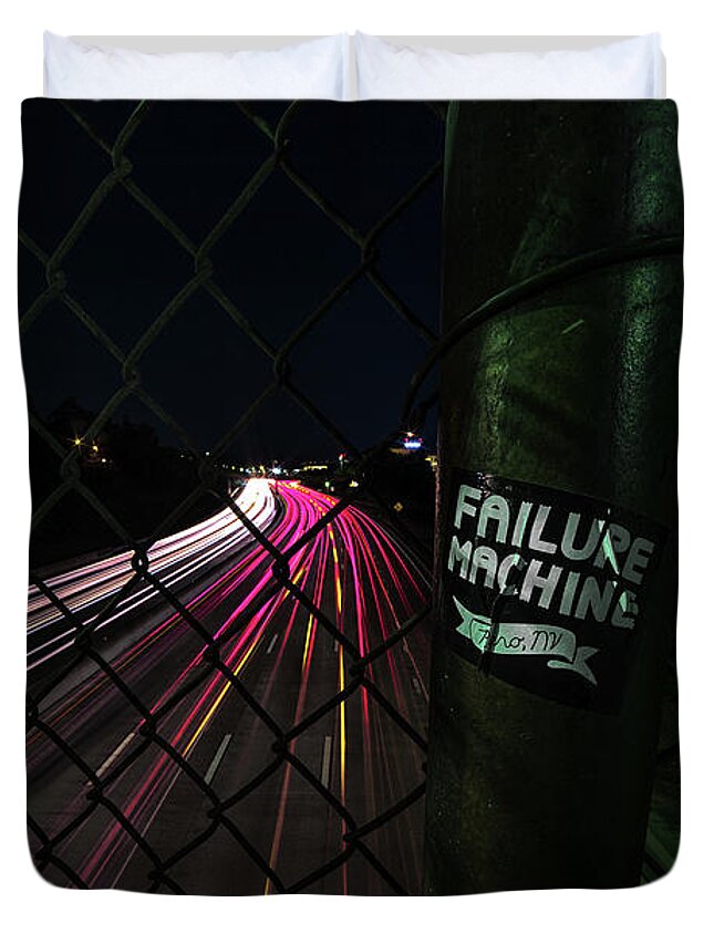 Reno Duvet Cover featuring the photograph Failure Machine Sticker on Pole Overlooking I-80 Downtown Reno, Nevada on a Summer Night in July by Brian Ball
