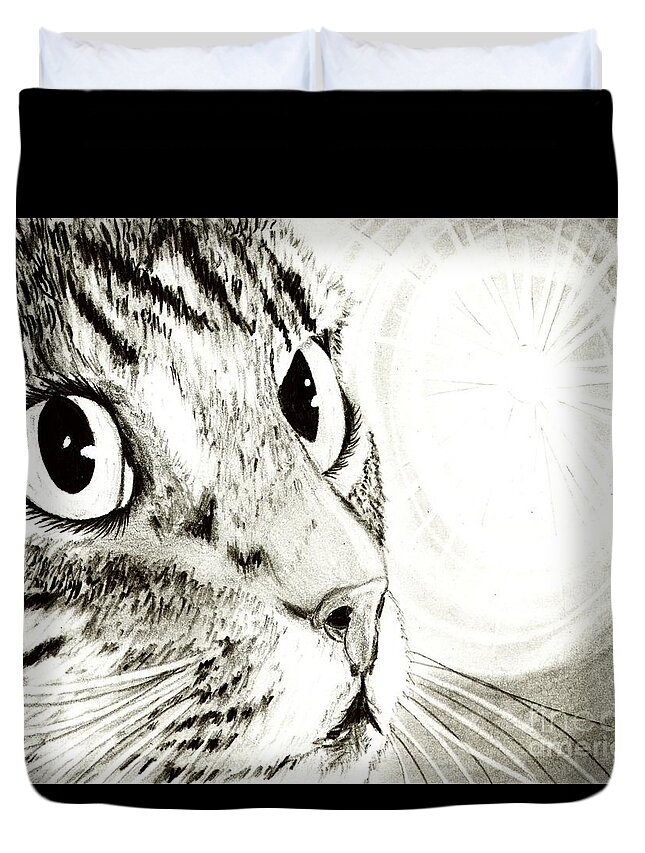 Cat Duvet Cover featuring the drawing Fairy Light Tabby Cat Drawing by Carrie Hawks