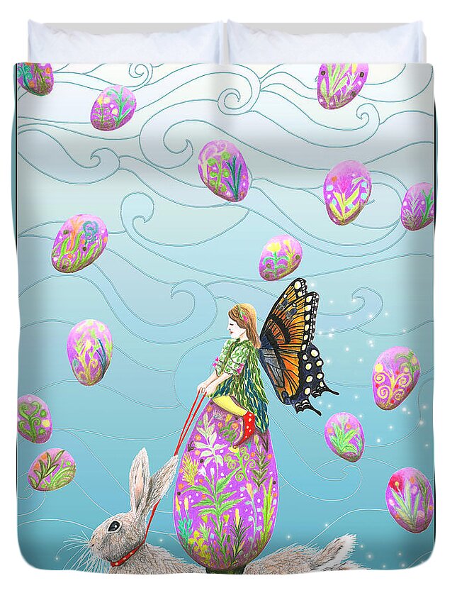 Lise Winne Duvet Cover featuring the mixed media Fairy Riding an Egg and Easter Bunny by Lise Winne