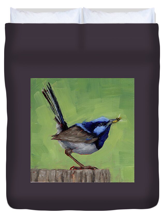 Wren Duvet Cover featuring the painting Fairy Wren With Lunch by Margaret Stockdale