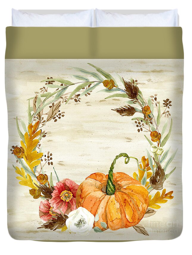 Autumn Duvet Cover featuring the painting Fall Autumn Harvest Wreath on Birch Bark Watercolor by Audrey Jeanne Roberts