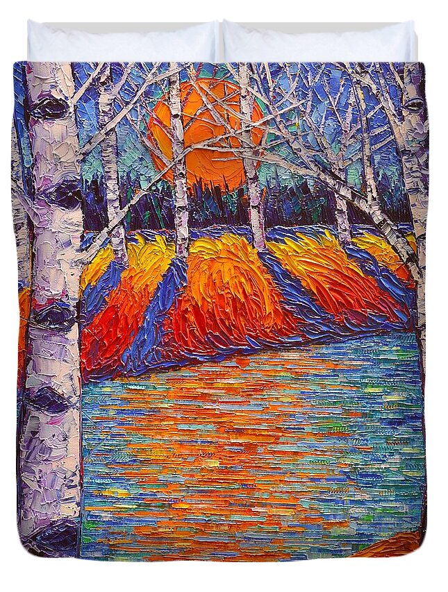 Trees Duvet Cover featuring the painting Fall Birches Sunrise 2 Contemporary Impressionist Palette Knife Oil Painting By Ana Maria Edulescu by Ana Maria Edulescu