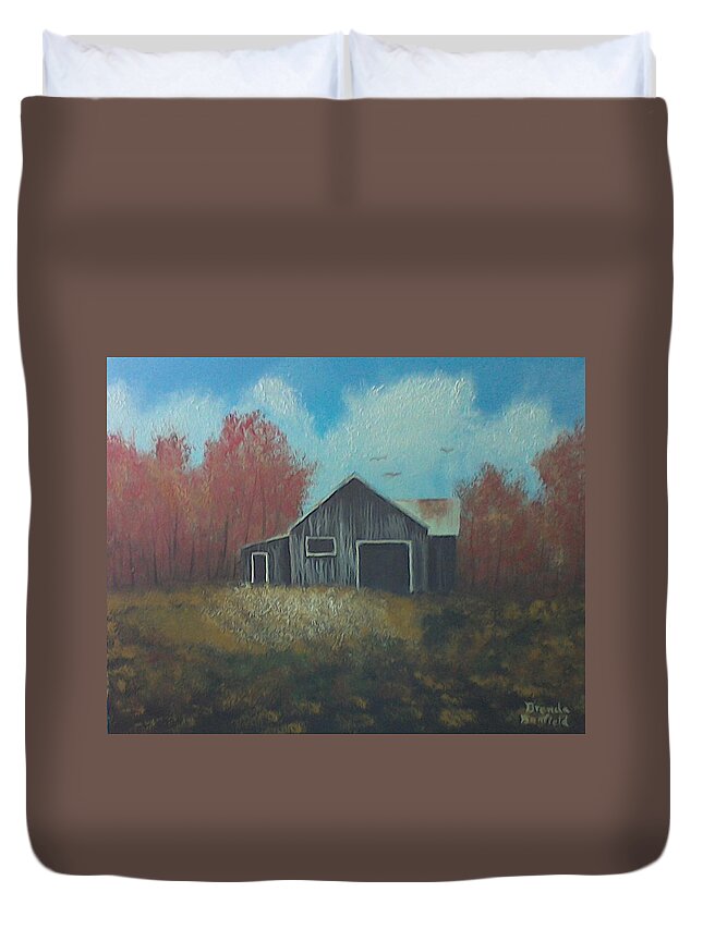 Trees Duvet Cover featuring the painting Autumn Barn by Brenda Bonfield