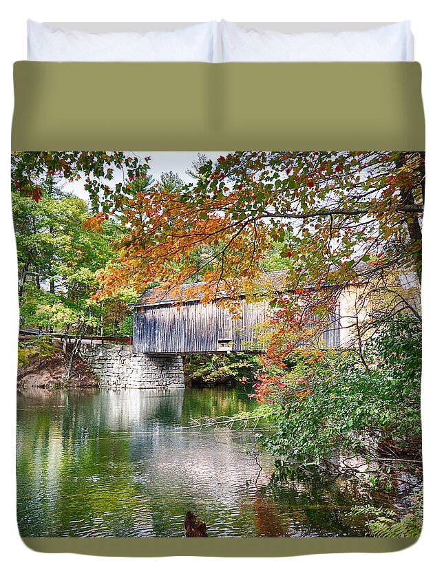 Autumn Foliage New England Duvet Cover featuring the photograph Fall colors over the Babs covered bridge by Jeff Folger