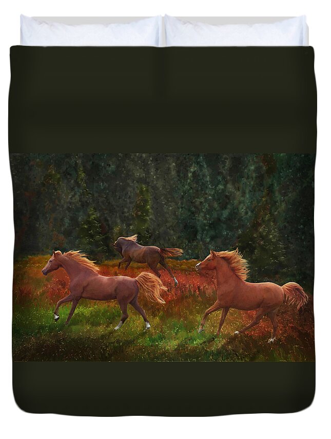 Chestnut Horses Duvet Cover featuring the photograph Fall Dancers by Melinda Hughes-Berland