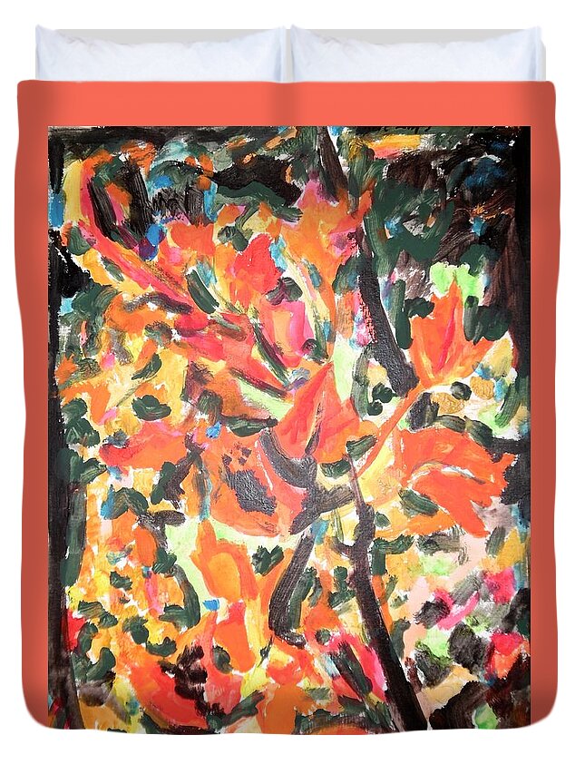 Fall Forest In Red And Black Duvet Cover featuring the painting Fall Forest in Red and Black by Esther Newman-Cohen