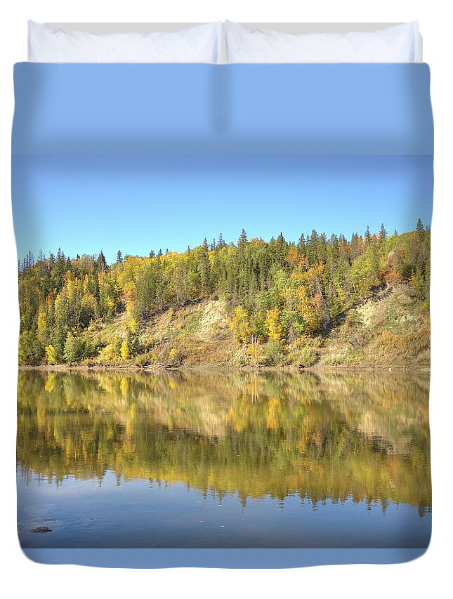  Duvet Cover featuring the photograph Fall hues on the North Saskatchewan River by Jim Sauchyn