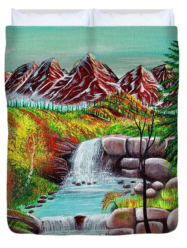Painting Duvet Cover featuring the painting Fall in Mountain Valley by Sudakshina Bhattacharya