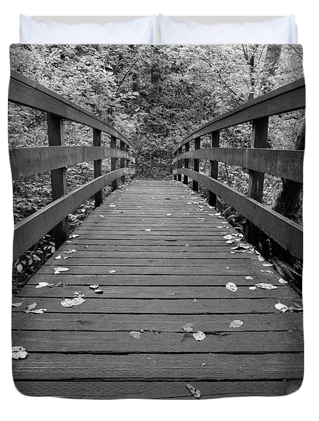 Bridge Duvet Cover featuring the photograph Fall In Oregon BW by Jonathan Davison