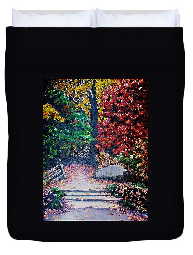 A N Original Painting Of An Autumn Scene In The Gateneau In Quebec Duvet Cover featuring the painting Fall In Quebec Canada by Karin Dawn Kelshall- Best