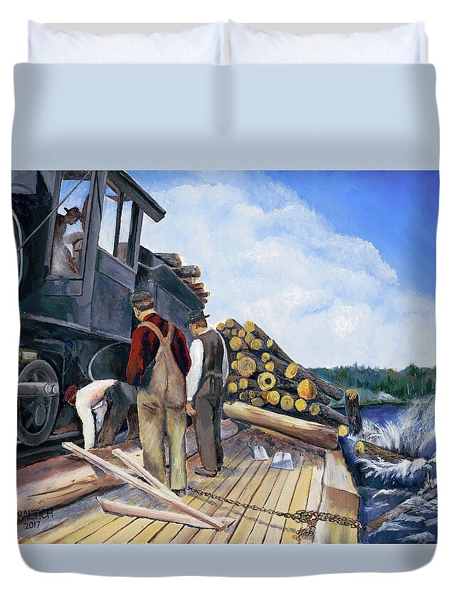 Fall Lake Duvet Cover featuring the painting Fall Lake Train by Joe Baltich