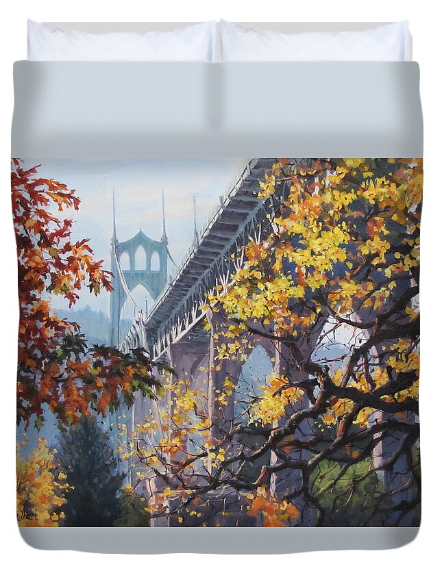 Portland Duvet Cover featuring the painting Fall St Johns by Karen Ilari