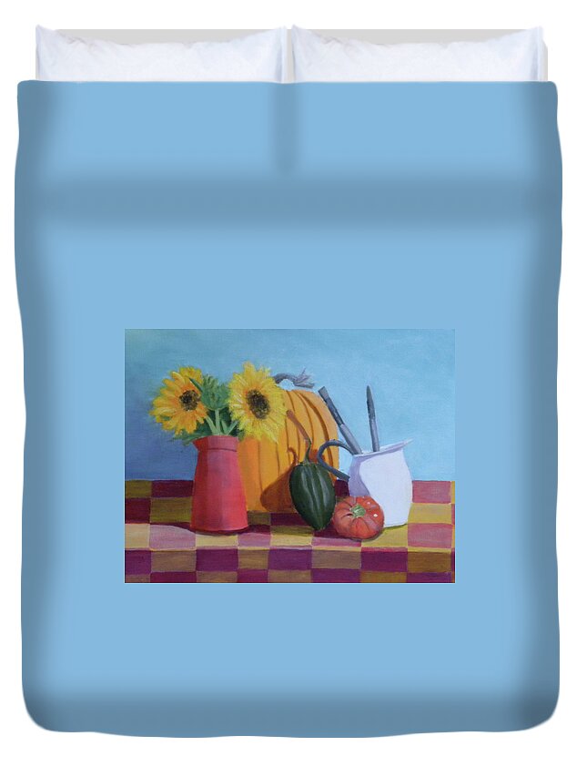 Still Life Sunflowers Light Duvet Cover featuring the painting Fall Time by Scott W White