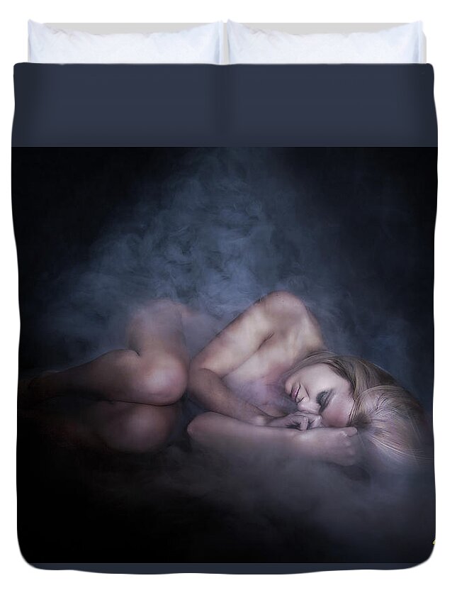 Conditions Duvet Cover featuring the photograph Fallen Figure in the fog by Rikk Flohr