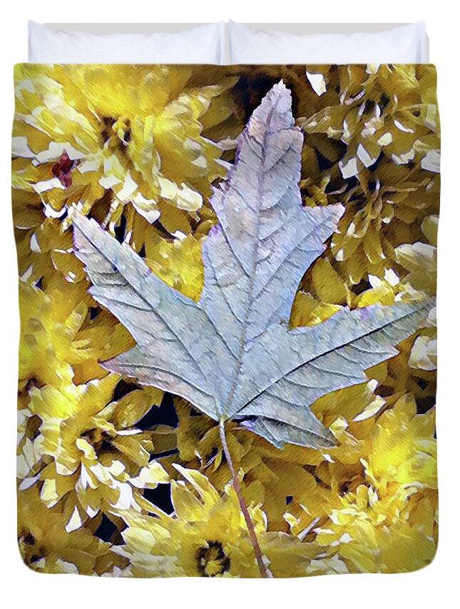 Mums Duvet Cover featuring the photograph Fallen leaf on mums by Steve Karol