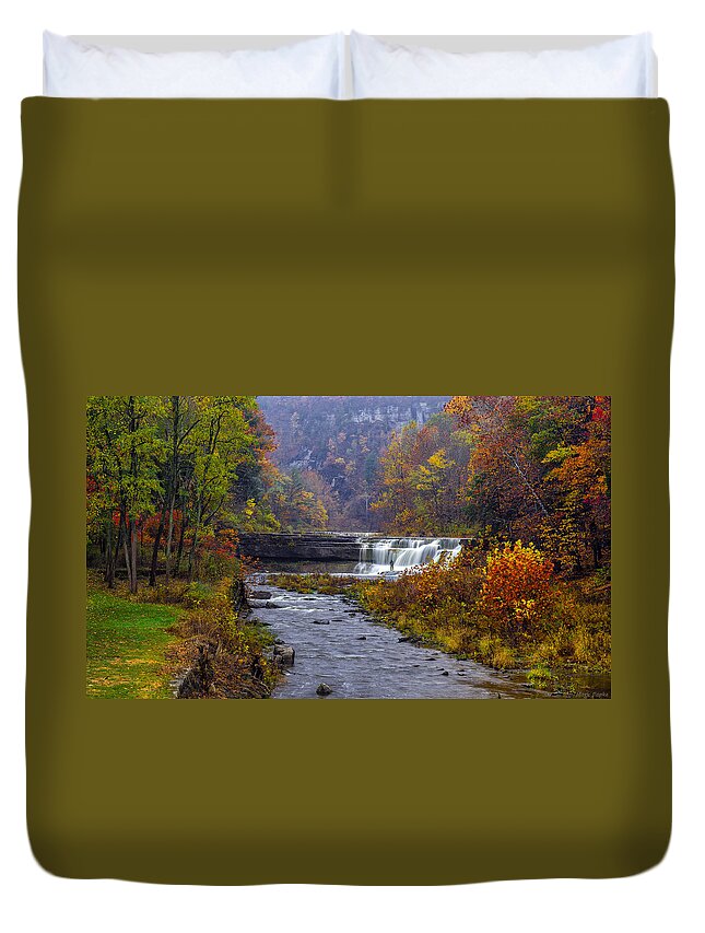 Taughannock Falls State Park Duvet Cover featuring the photograph Falls Fishing by Mark Papke